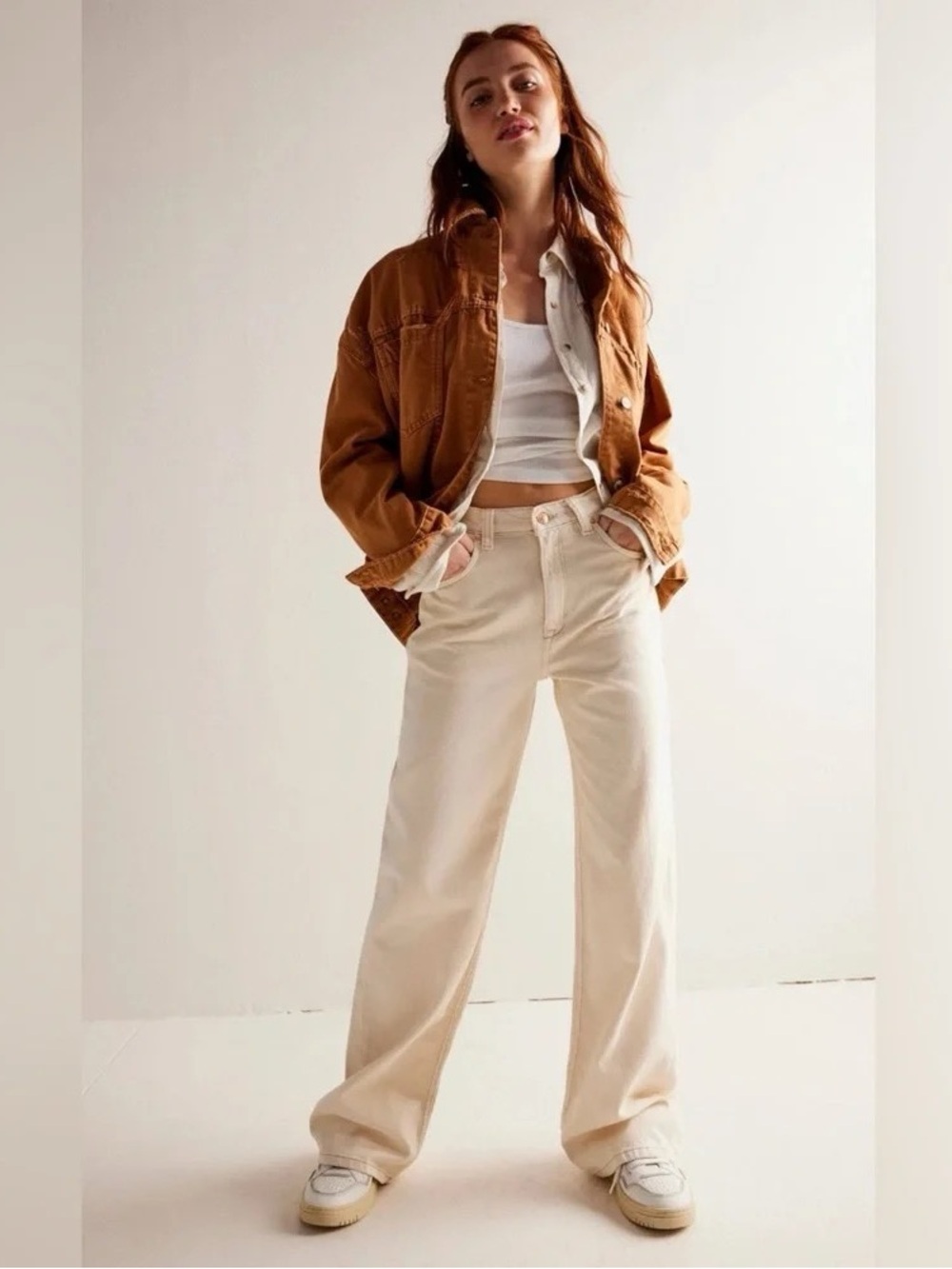 NWT We The Free Free People Tinsley Baggy Mid Rise Straight Leg Jeans Ivory 29